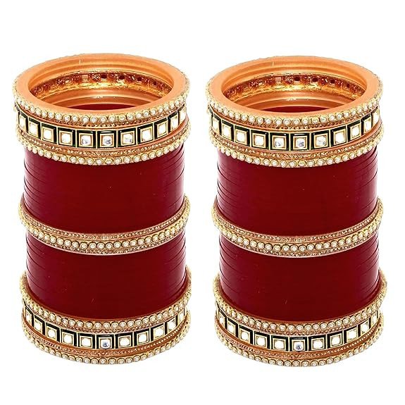 Bridal Bangle Set Wedding Punjabi Chuda Designer Chura CZ Stone with Kundan with Meenkari Pearl Maroon Color Choora For Women