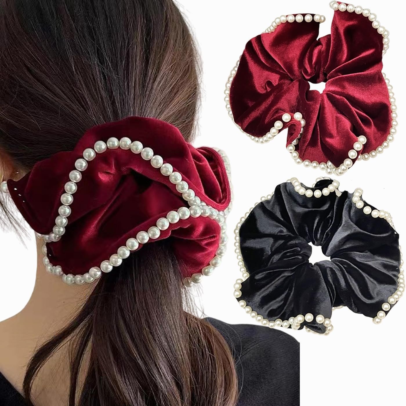 2 Pcs Velvet Scrunchies with Pearl Trim, Elegant Pearl-Edged Velvet Hair Ties, Soft Elastic Ponytail Holders, Luxury Hair Accessories for Women, Black & Burgundy