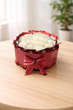 @Chocopops Round Shape Gift Bouquet- Bouquet of Chocolates (10pcs) with white/Red color Artificial Flowers