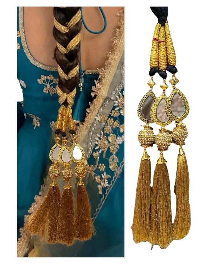 Heavy Design Parandi with Golden Gotapatti Dori/Hair Extension/Braid Tassles/Patiala Shahi Paranda/Jadai Billai/Hair Accessories (Hangings Golden & Black, Design