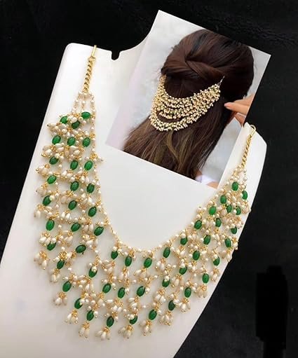 Bridal Hair Chain, Green Stones with Pearl Beads, Gold Tone, Wedding Hair Accessory