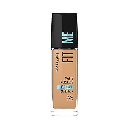 Maybelline New York Fit Me Matte + Poreless Liquid Foundation, pore minimising Foundation, lightweight formula suitable for daily use, Matte Finish Foundation for Indian Skin - 228 Soft Tan, 30 ml