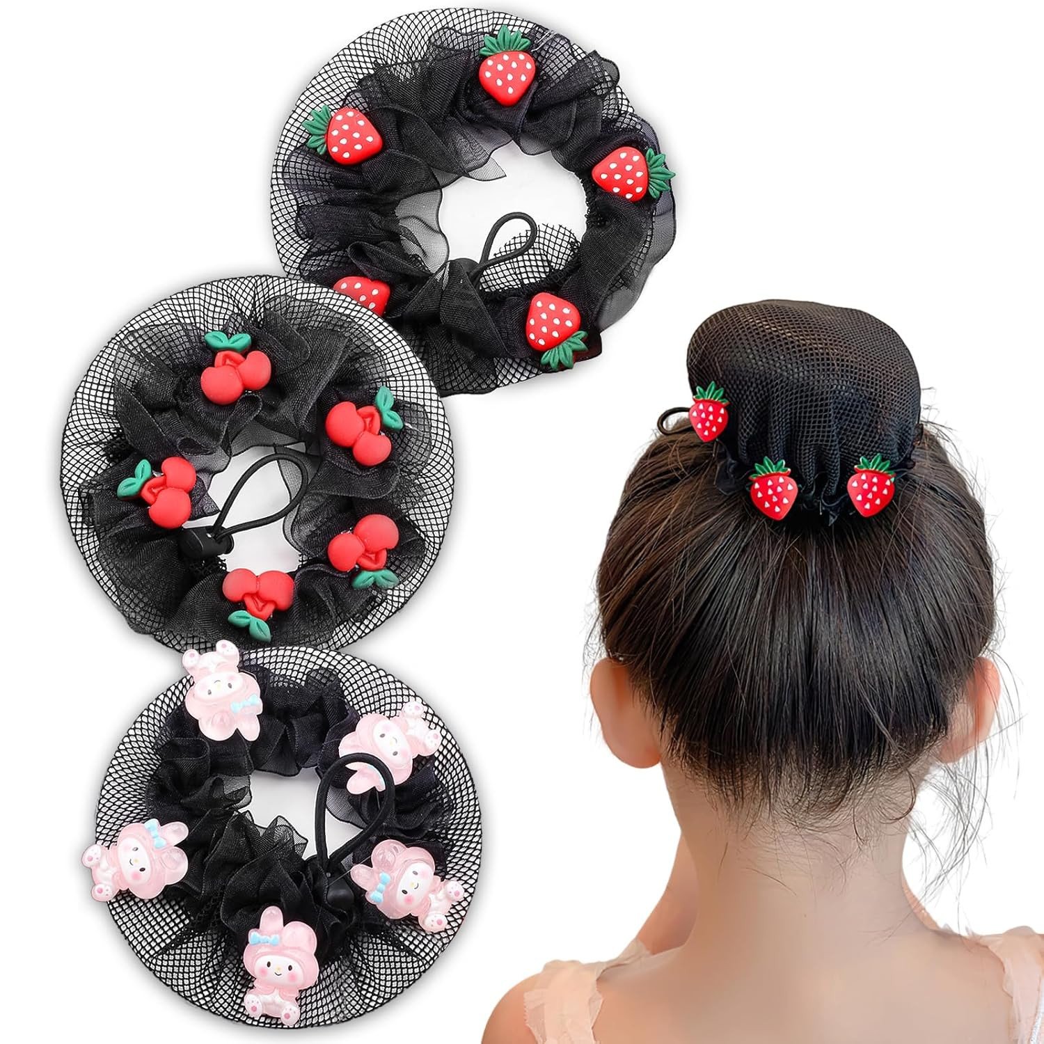 3Pcs Hair Net for Kids | Cute Hair Bun Net with Drawstring Closure | Reusable Kids Hair Accessories for Dancers, Skating, Gymnastics, Ballet, Parties & More