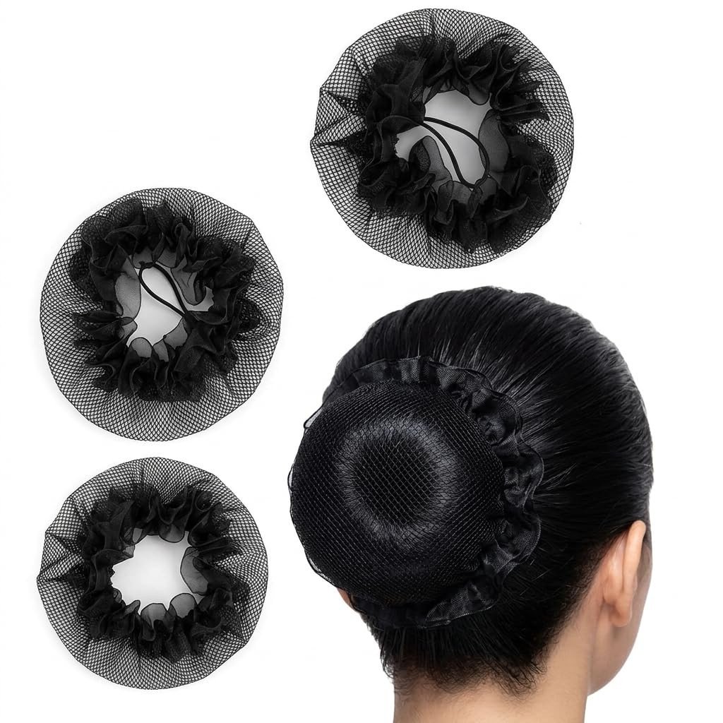 3Pcs Styling Jali Bun Reusable Invisible Elastic Nets Juda Maker Easy to Use Ballet Hair Nets Cover Hair Accessories for Women's and Girl's (Black) (Pack Of 3)