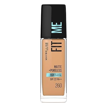 Maybelline New York Fit Me Matte + Poreless Foundation Shade 260 | Natural Matte Finish with 16H Oil Control, Non Comedogenic, Blurs Pores, 30ml