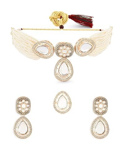 Gold Tone Multistrand Beaded Kundan Choker Necklace Earring & Ring Set For Women