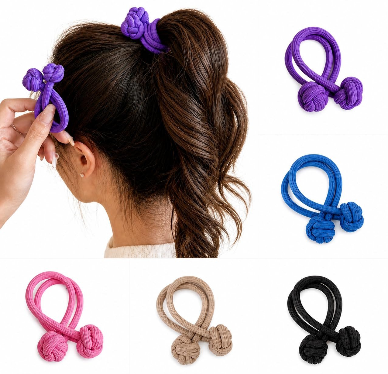 Knotted Hair Ties, Elastic Ponytail Holders, Multi-Color Pack, 5 Pieces
