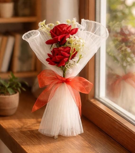 SATYAM KRAFT 1 Pcs Artificial Flower Mesh Rose Bouquet for Him Her Girlfriend Boyfriend Wife Husband | Romantic Decor for Anniversary, Wedding, Birthday, Home Decor (White)