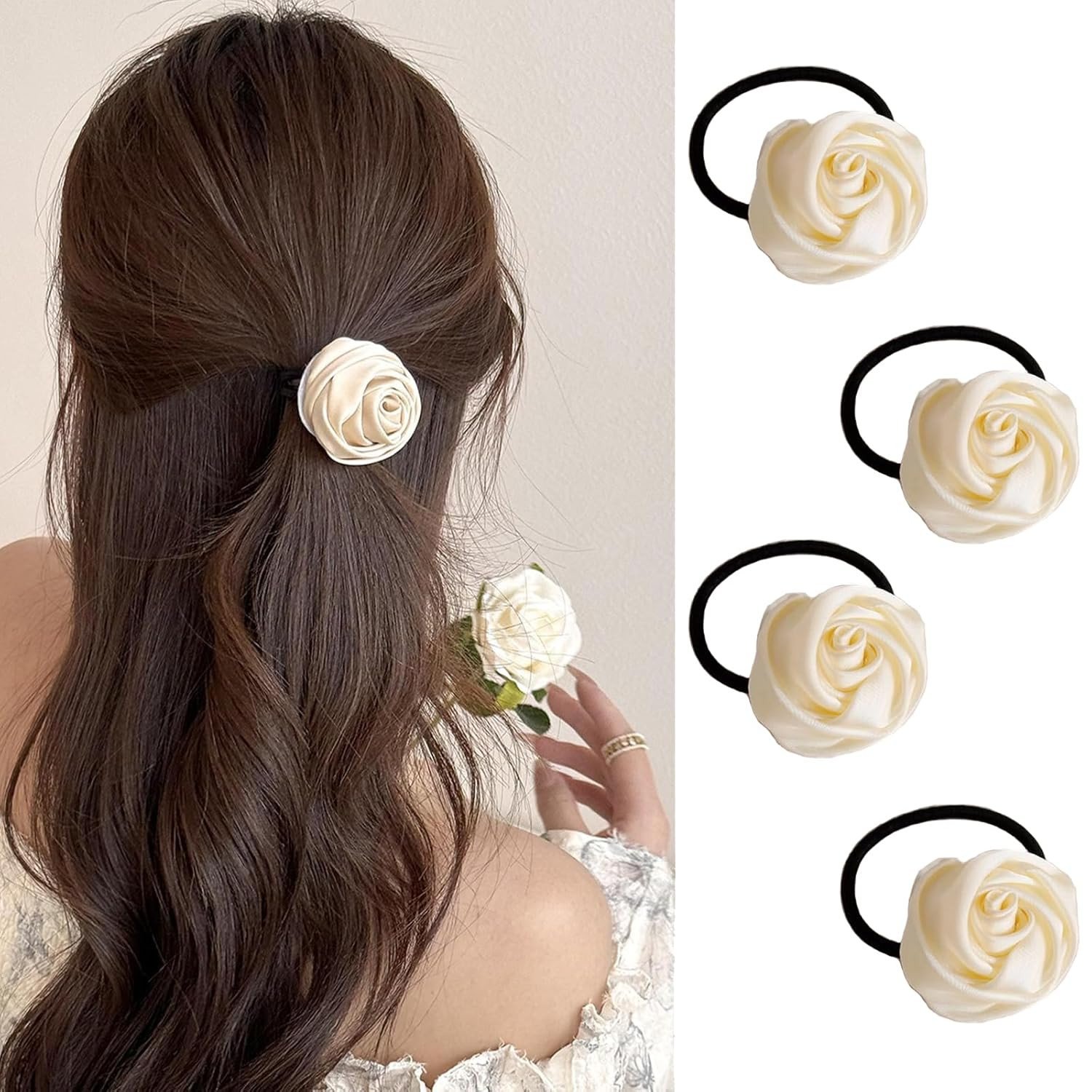 4 Pcs Rose Flower Hair Ties for Women, Elegant Satin Ponytail Holders, Elastic Hair Bands with Cream Rose Charm, No Damage Floral Hair Accessories for Weddings & Daily Wear