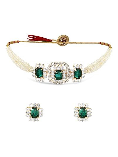 Green Statement Stones Embellished Multistrand Beaded Choker Necklace & Earring Set For Women