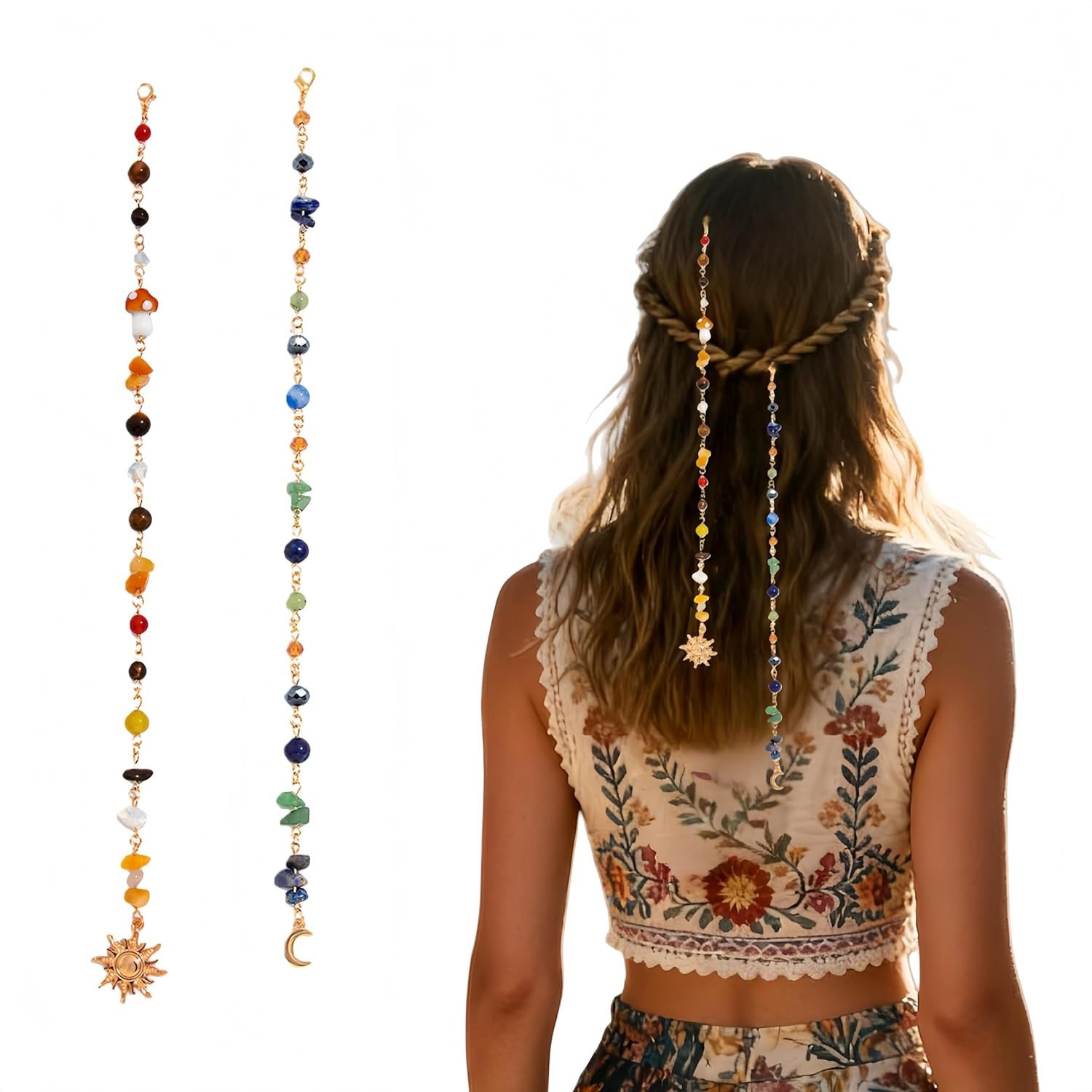 Beaded Hair Chain Accessories for Women and Girls | 2 PCS Decorative Hair Jewelry with Colorful Beads and Charms | Clip-On Hair Chains for Braids, Ponytails and Festival Styling