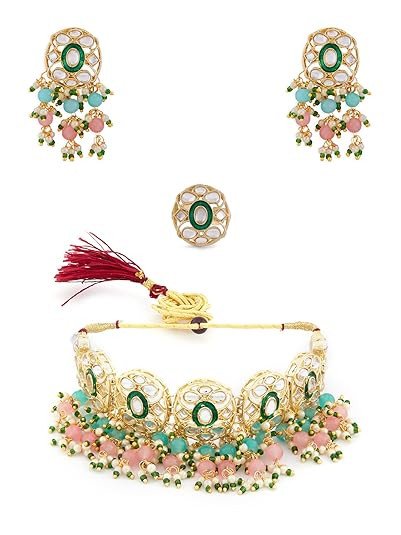 Pink & Green Beads Cluster Drops Kundan Choker Necklace Earring & Ring Set For Women