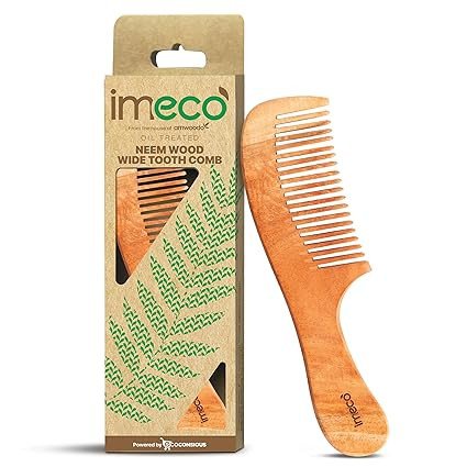 IMECO Kacchi Neem Wooden Wide Tooth Comb | Soaked in 17 Herbs & Sesame Oil | Frizz Control, Anti-Static & Dandruff Care | Promotes Hair Growth | For Long & Thick Hair | Pack of 1