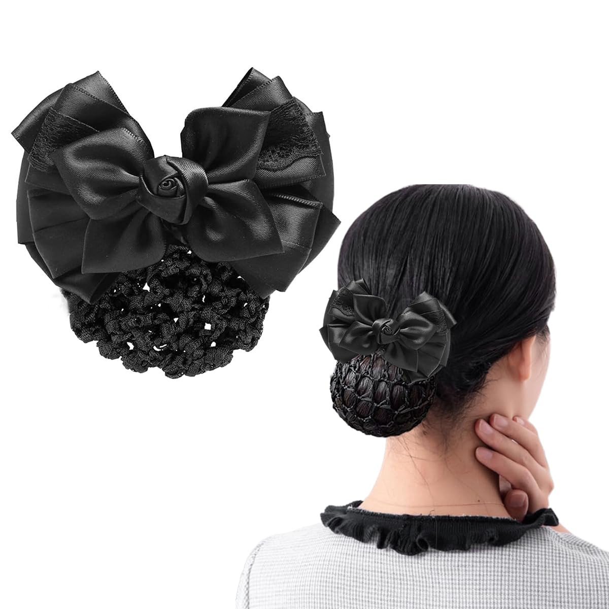 Hair Buns Clip, Bow Bun Nets Bun Maker for Hair, Lace Rose Hair Bun Accessories for Women, Spring Clip Snood Hair Net for Work or Daily, Dancer Nurse Hair Accessory