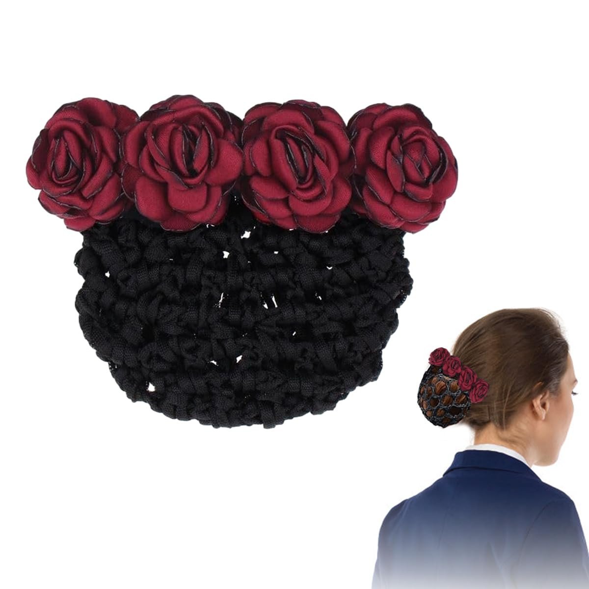 Women Hair Clip With Flower Bun Net for Work, Daily Use, Dancer, Nurse, etc (Red)