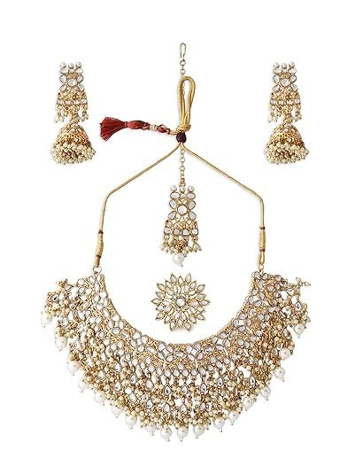 Gold Tone Kundan Choker Necklace Earring Maangtikka & Ring Set For Women