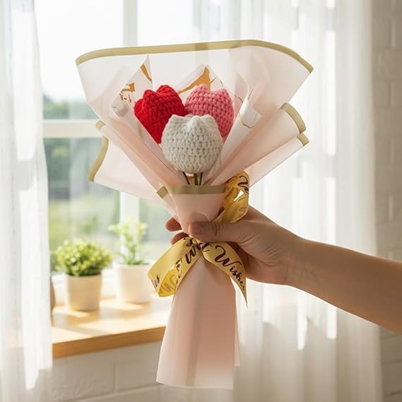 HindCraft Handmade Crochet Tulip Flower Bouquet | Red White Pink Knitted Tulip Bouquet | Artificial Forever Flowers Gift for Birthday Anniversary Valentine Home Décor