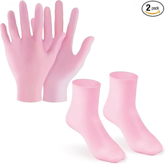 Silicone Moisturizing Glove Socks Set, Anti Slip Soft Spa Gel Socks Softening Feet Dry Cracked Skin, Women Spa Pedicure Socks for Foot Hand Softening, Foot Care After Pedicure