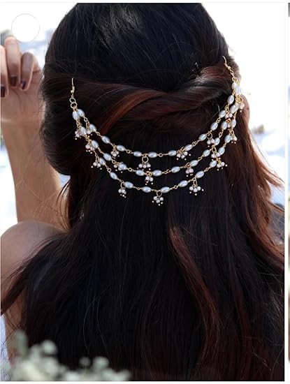 Pearl and Maroon Bead Hair Chain, Gold Plated Brass, Layered Drape Style, for Weddings, Festivals and Everyday Wear
