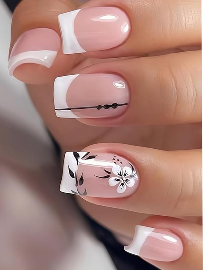 Acrylic Fake Reusable False Artifical Press On Nails French Nails With White Flower & Black Leaves Design 24 Pieces With Kit