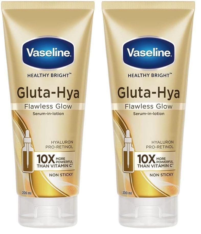 Vaseline Gluta-Hya Flawless Glow Lotion for Face & Body | Gives Brighter Skin | Glutathione & Pro-Retinol Infused Moisturizer, 200ml (Pack of 2)
