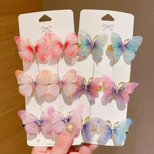 H-Style Store 3D Looks Colorful Organza Butterfly Hair Clips | Glitter Hair Accessories | Moving Butterfly | Hair Clamps Hair Barrettes Strong Hold Hair Pins (Assorted, Pack of 3)
