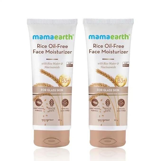 Mamaearth Rice Oil-Free Face Moisturizer for Oily Skin | With Rice Water & Niacinamide for Glass Skin | 24-Hour Hydration | Brightens Skin Tone | 80 g (Pack of 2)
