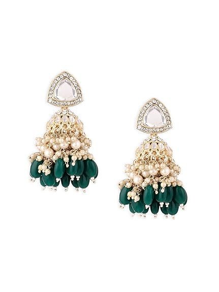 Pearls Green Stones Cluster Beads Drop Jhumka Earring For Women