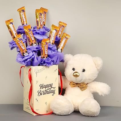 Floweraura Decorative Bunch Of Fresh 10 Five Star Chocolate Bouquet In Box With Cute Teddy Bear Valentine's Day Gifts For Girlfriend, Boyfriend, Husband & Wife (Same Day Delivery) - 400 Gm