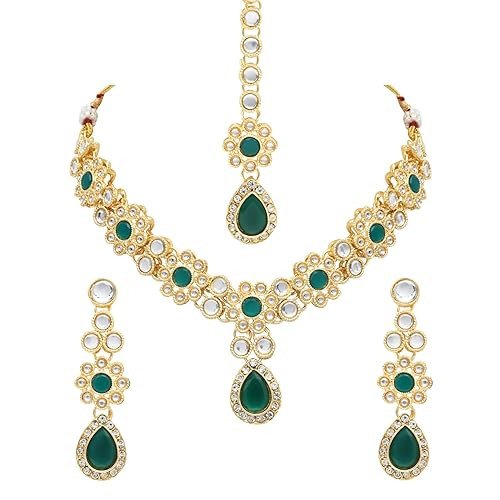I Jewels Gold Plated Traditional Kundan Stone Choker Necklace With Earrings & Maang Tikka Jewellery Set for Women