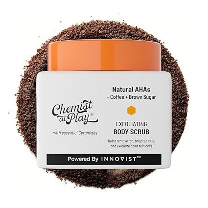 Chemist At Play Exfoliating Body Scrub for Removing Tan & Dead Cells | Rough & Bumpy Texture, Tanned & Pigmented Areas | Smooth, Soft & Bright Care | Natural AHAs | Coffee | For Men & Women | 75g