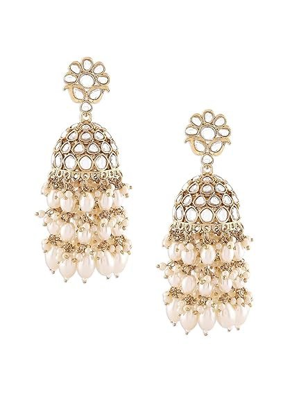 Pearls Gold Tone Kundan & Cluster Pearl Drop Traditional Jhumka Earring For Women