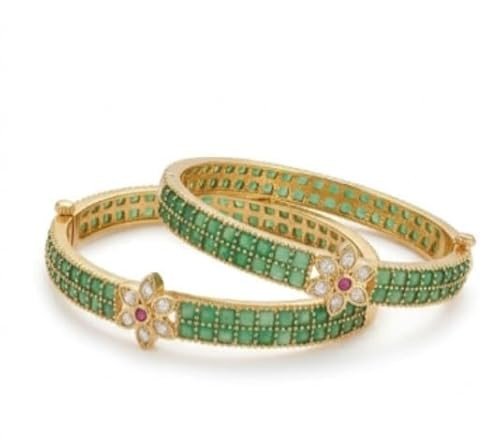 Gold Plated Green Stone Bangles for Women | Traditional Floral Kundan Design Kada Set | Ethnic Bridal & Festive Jewelry | Adjustable Designer Bracelet (Set of 2)