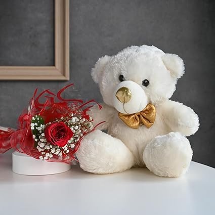 FlowerAura Premium Fresh Live Flower Bouquet of Single Red Rose With Cute Teddy Gift For Birthday | Anniversary | Love | Home Decor | Mothers Day Gift For Mom (Same Day Delivery)