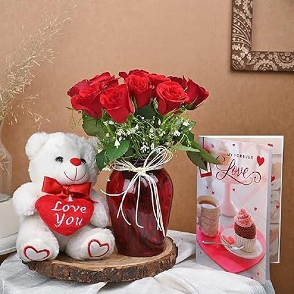 FlowerAura Decorative Bunch Of  12 Red Roses Flower Bouquet In Glass Vase With Cute Teddy Bear & Love Card Valentine's Day Gifts For Girlfriend, Boyfriend, Husband & Wife