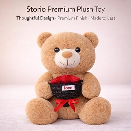Storio 40 CM Rose Bouquet Plush Bear Doll | Trendy Super Lovely Teddy with Roses | Romantic Gift for Couples | Valentine Gift, Anniversary & Birthday Present | Soft Plush Toy