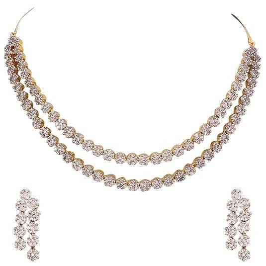 American Diamond CZ Gold Plated Designer Jewellery Set/Necklace Set with Chain & Earring for Girls/Women