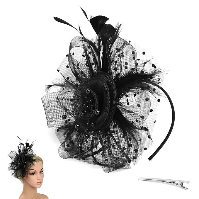 Fascinator Hats for Women Flower Mesh Feathers Headband Cocktail Tea Party Headwear Vintage Ladies Hair Clip (Black)