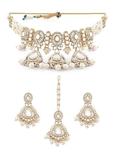Gold Tone Dazzling Stones Multistrand Beaded Choker Necklace Earring & Maangtikka Set For Women