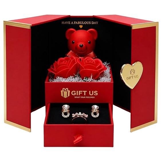 Luxury Romantic Gift Box with Teddy, Artificial Roses & Jewelry Set | Surprise Gift for Girlfriend, Wife | Valentine, Anniversary, Birthday Gift