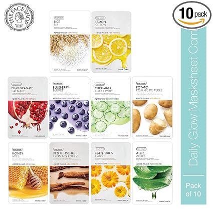 The Face Shop Real Nature Daily Glow Sheet Mask for Glowing Skin & Hydration | Facial Mask with Serum | Korean Sheet Mask For Unisex (Pack of 10) (Assorted)