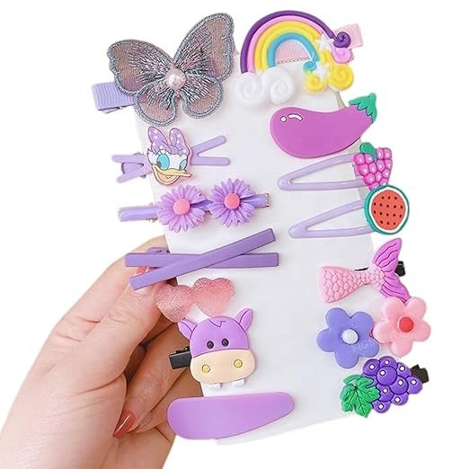 Figment Hair Clip Cute Fruit Cartoon Animal Shape Hair Pins Set for Baby Girls, Little Girl Hair Stuff Kids Accessory, Flower Candy, Fruits Rainbow, Butterflies for Hairstyles (Purple, 14 Pcs)