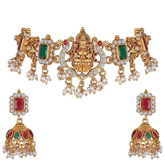 Shining Diva Fashion Latest Stylish Fancy Pearl Choker Traditional Jewellery Set for Women | Temple Necklace Set | Festive Wedding Party Necklace | 22k Gold Plated | Just Like Original Gold Jewellery