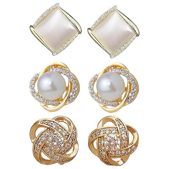 3 Pairs Stud Earrings for Women, Jewellery Gifts Stylish Latest Western Ear rings Golden Studs Earrings Set for Girls and Women