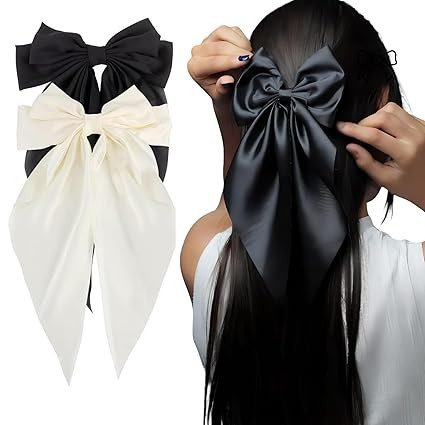 2 Pack Black and Off White Hair Bows - Bow Clips for Women and Girls - Luxury Silky Satin Barette Hair Clip - Cute Hair Accessories