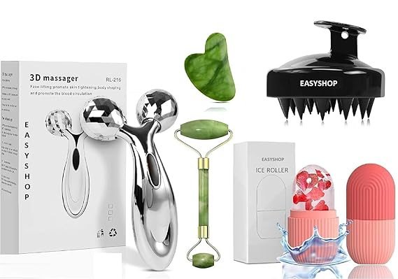 EASYSHOP Jade Roller With Gau Sha Stone, 3D Roller Massager, Head Scalp Shamppoo Massager Brush, Ice Roller, Face Massager (Multi Color) Pack-5