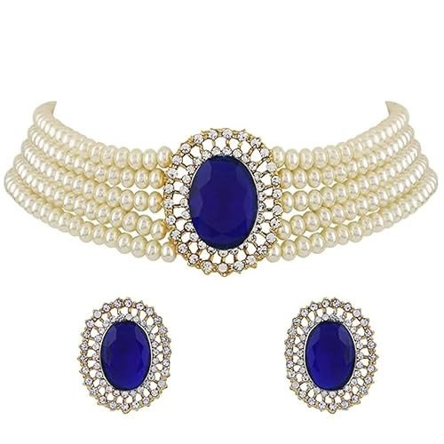 I Jewels Gold Plated Traditional Stone Studded Pearl Choker Necklace Jewellery Set For Women/Girls