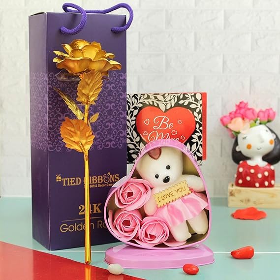 Valentine Gift for Girlfriend Boyfriend Husband Wife Girls Boys Couples (Special 24K Gold Plated Rose, Scented Rose Flowers with Teddy Gift Box)