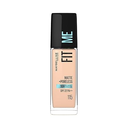 Maybelline New York Liquid Foundation For All Skin Type,Full Matte Finish, With SPF, Absorbs Oil, Fit Me Matte + Poreless, 115 Ivory, 30ml