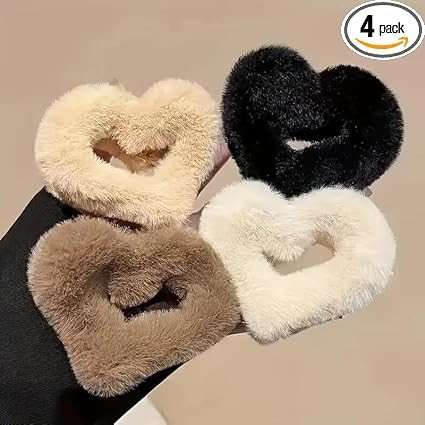 4 Pcs Heart Shaped Fuzzy Fur Hair Claw Clips | Soft Faux Fur Clutcher for Women & Girls | Cute Non-Slip Hair Accessories for Thick & Thin Hair